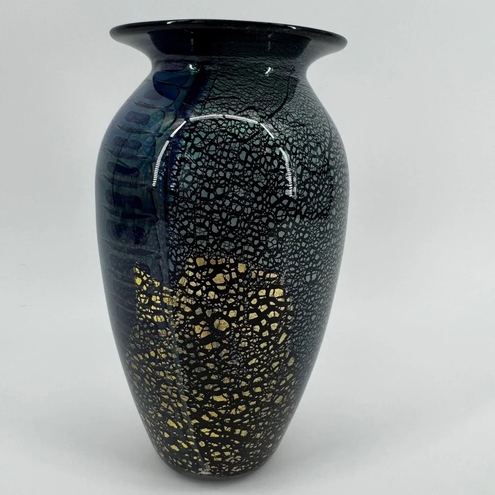Robert Eickholt Signed Studio Art Glass Vase Blue Gold Leaf Iridescent Crackle